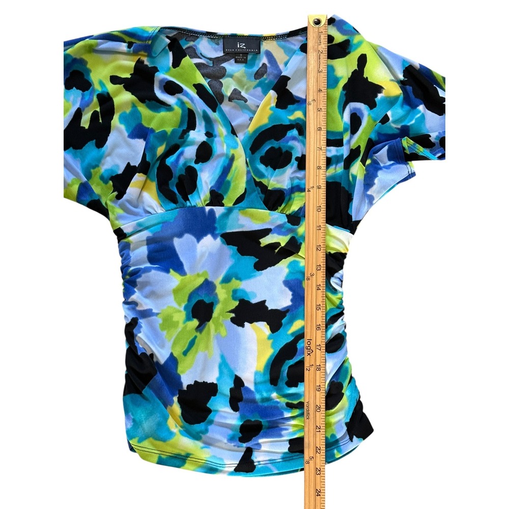 iz Byer California Womens Small Blue Green Abstract Floral Surplice Ruched Top - Picture 6 of 8